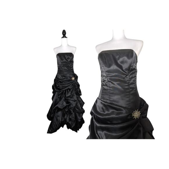 VTG Y2K Jessica McClintock Black Strapless Formal Gown Dress Gothic S/XS Satin - Picture 3 of 15